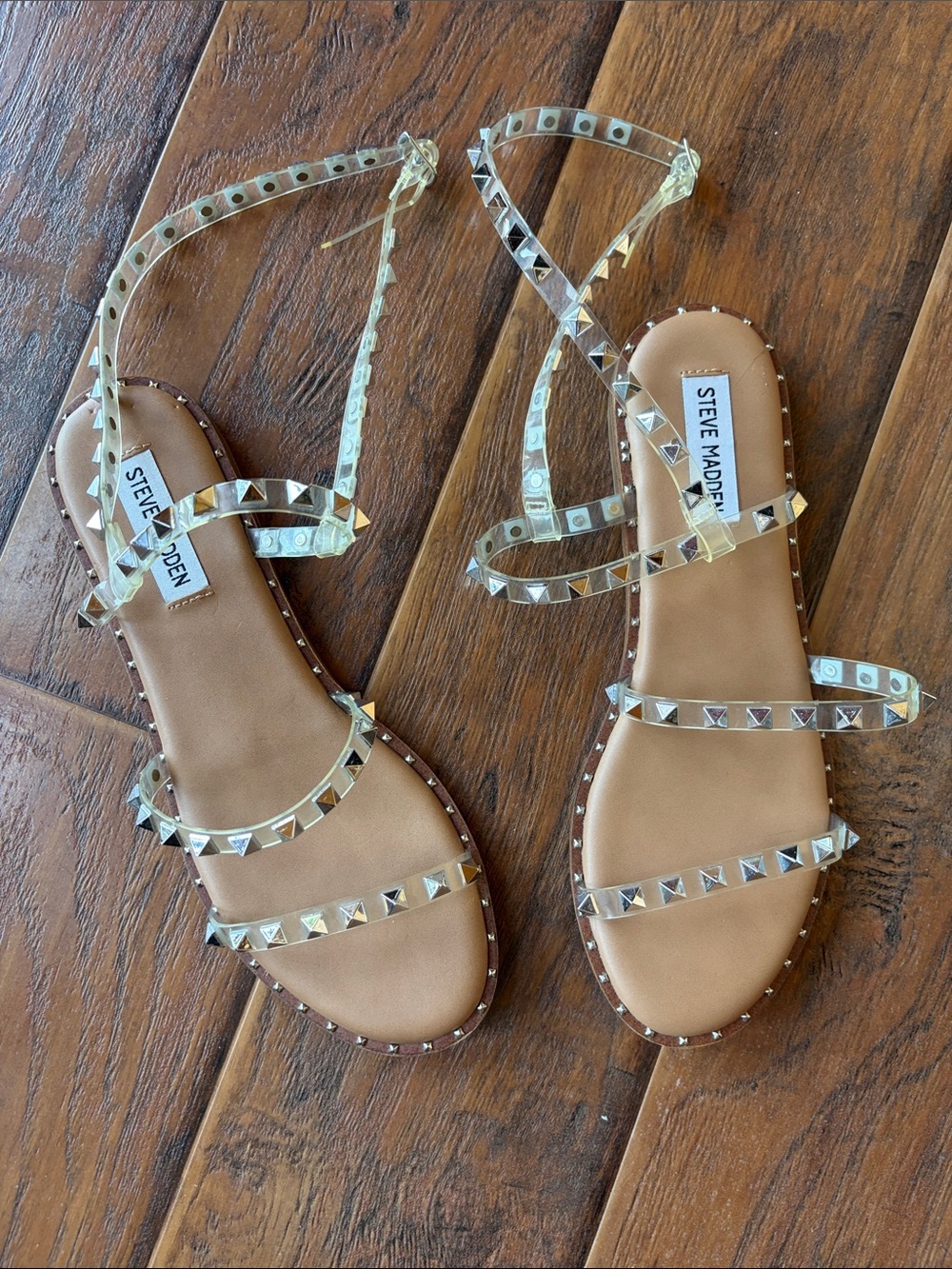 Steve Madden Clear Studded Strappy Sandals with Nude Footbed - Size 8.5